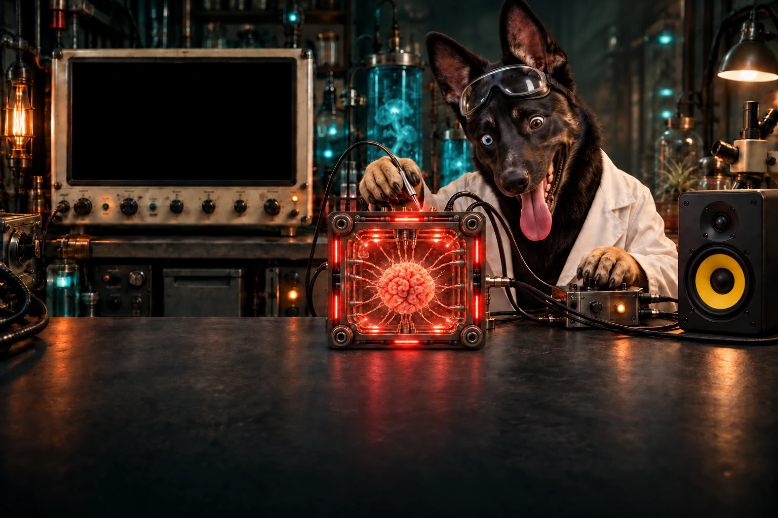 Jasper, a black Shepsky with one blue and one brown eye and tan paws, wearing a scientist's coat and goggles with a goofy tongue-out expression, actively probing a spherical brain culture in a squared illuminated chamber connected by cables to a black studio speaker with a yellow cone.