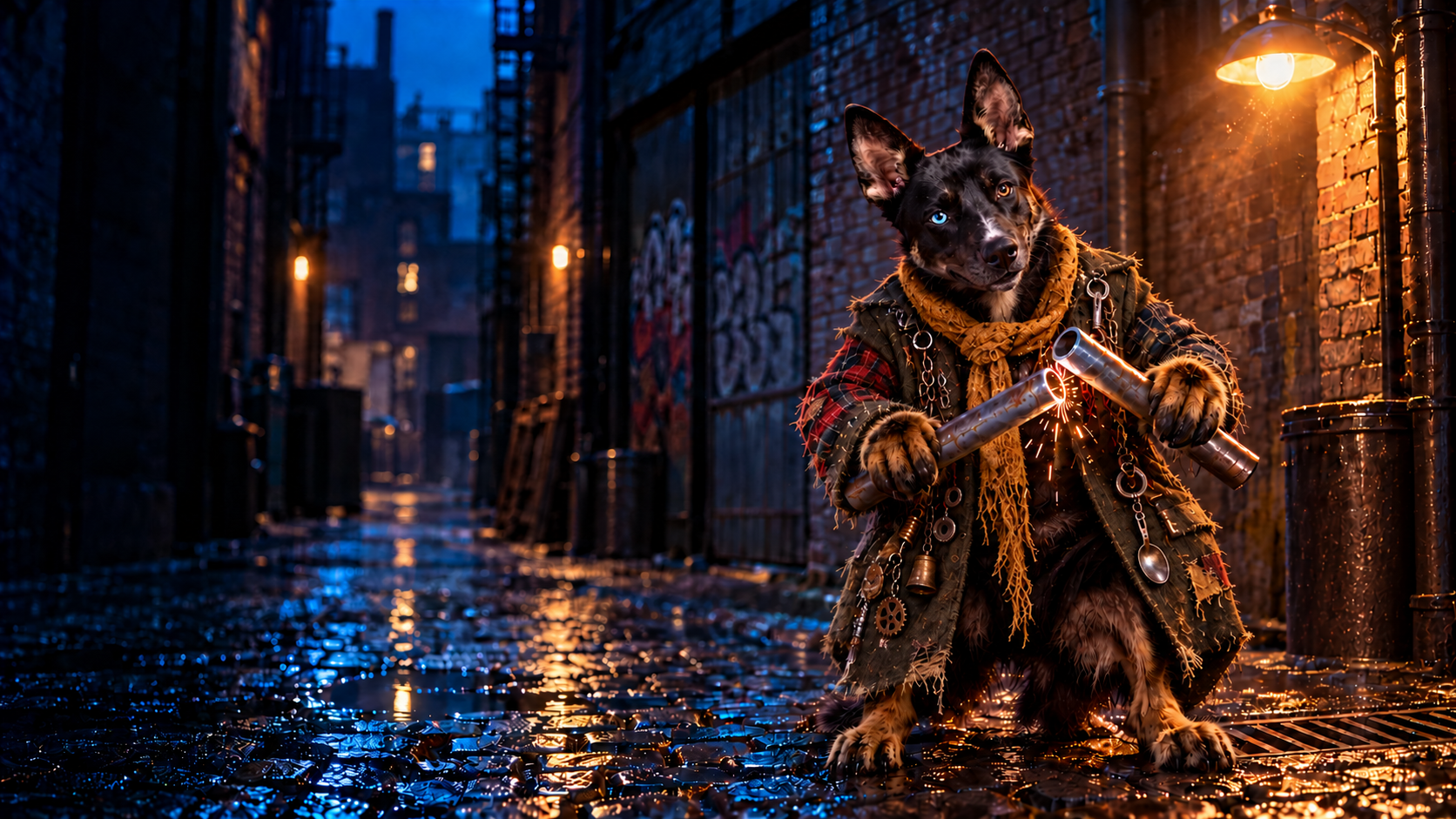 Jasper strikes two metal pipes together in a rain-dark city alley under a streetlamp