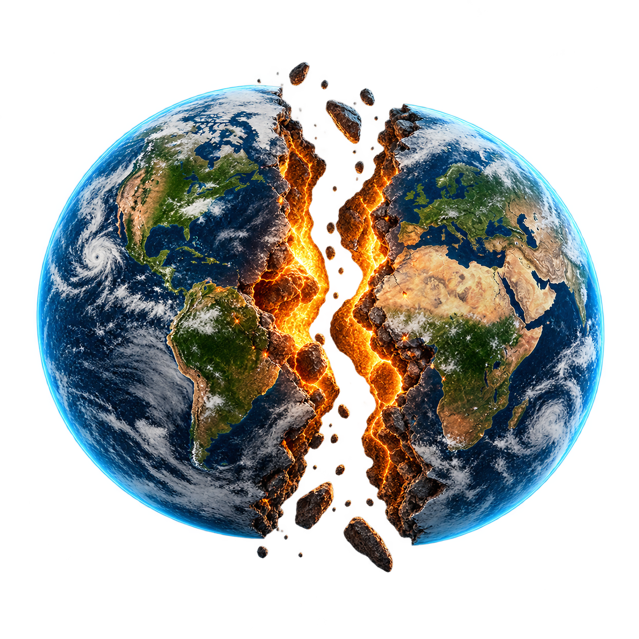 Earth split into two halves with a glowing molten fracture