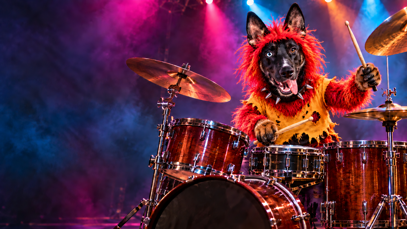 Jasper in a shaggy drummer costume playing a realistic drum kit under concert lights