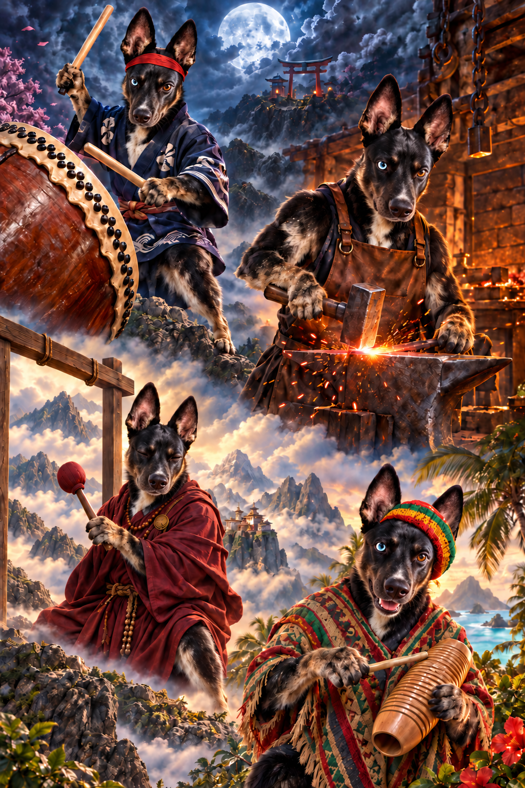 Jasper at a moonlit taiko, a glowing forge, a mountain gong and a wooden güiro, joined by clouds and light