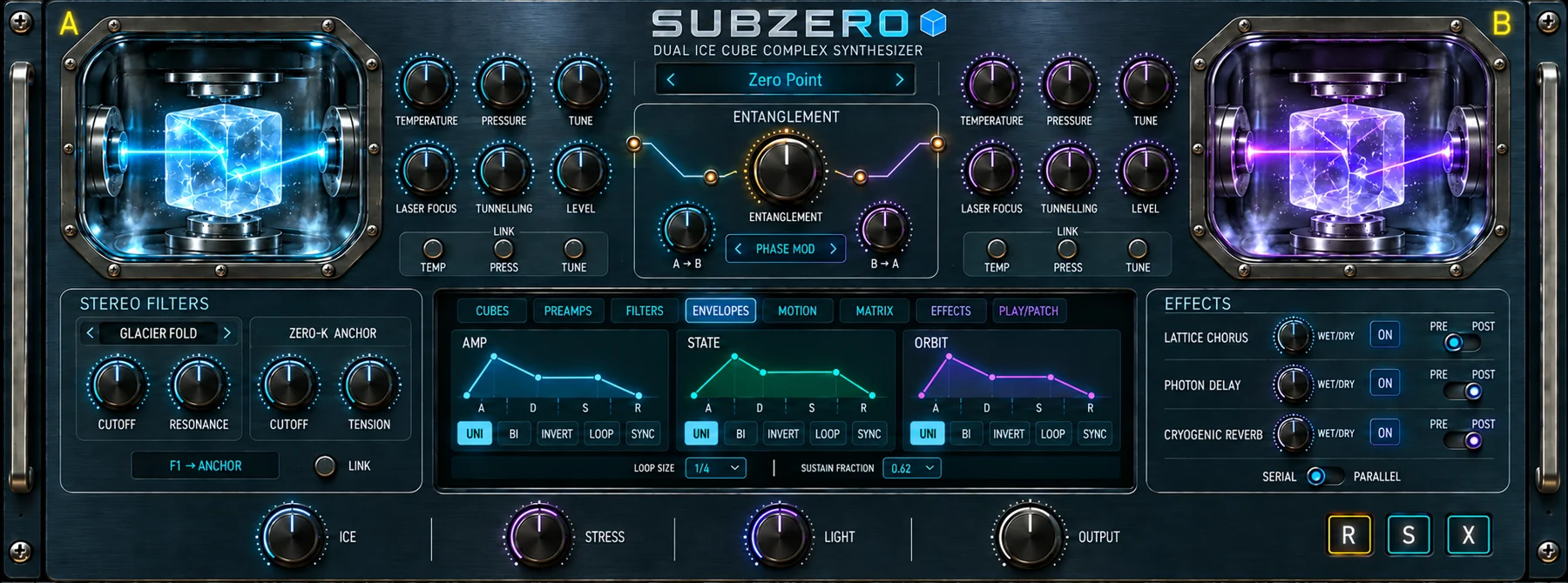 Subzero synthesizer interface, with blue and violet chambers and detailed modulation controls