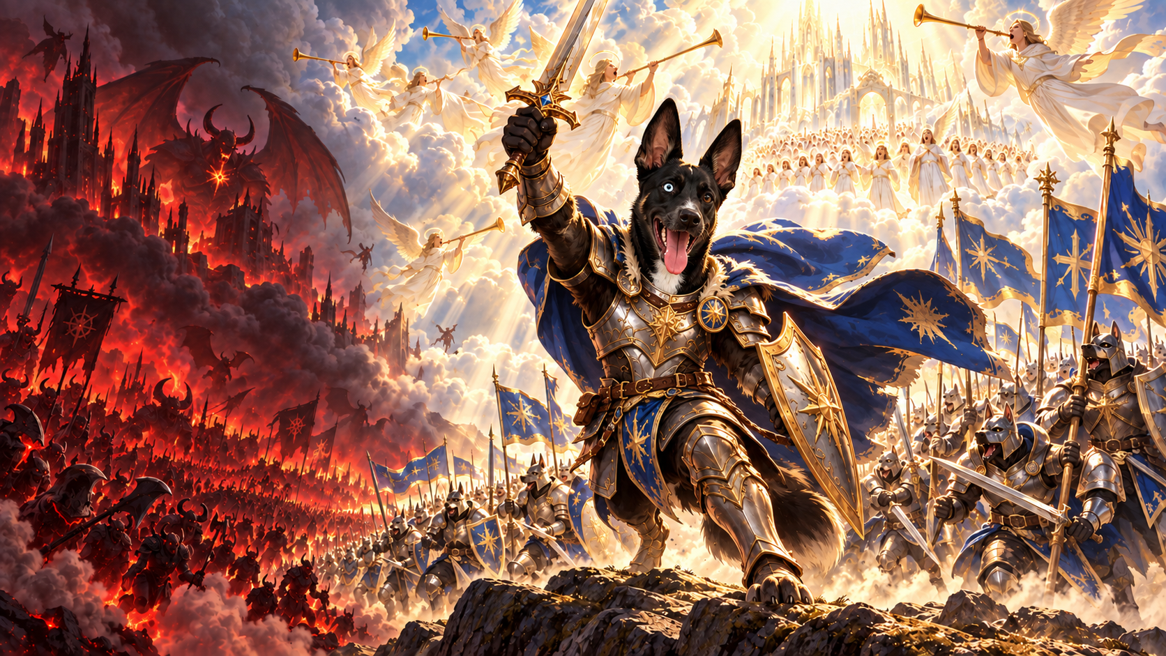 Jasper, a black Shepsky with tall ears and one blue and one brown eye, leads an armored army toward a dark horde. Angels and a choir fill the clouds above.
